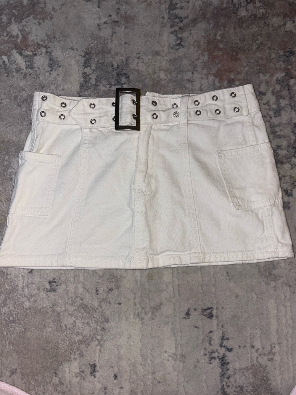 White Mini Skirt with Buckle and Eyelet Detail XS